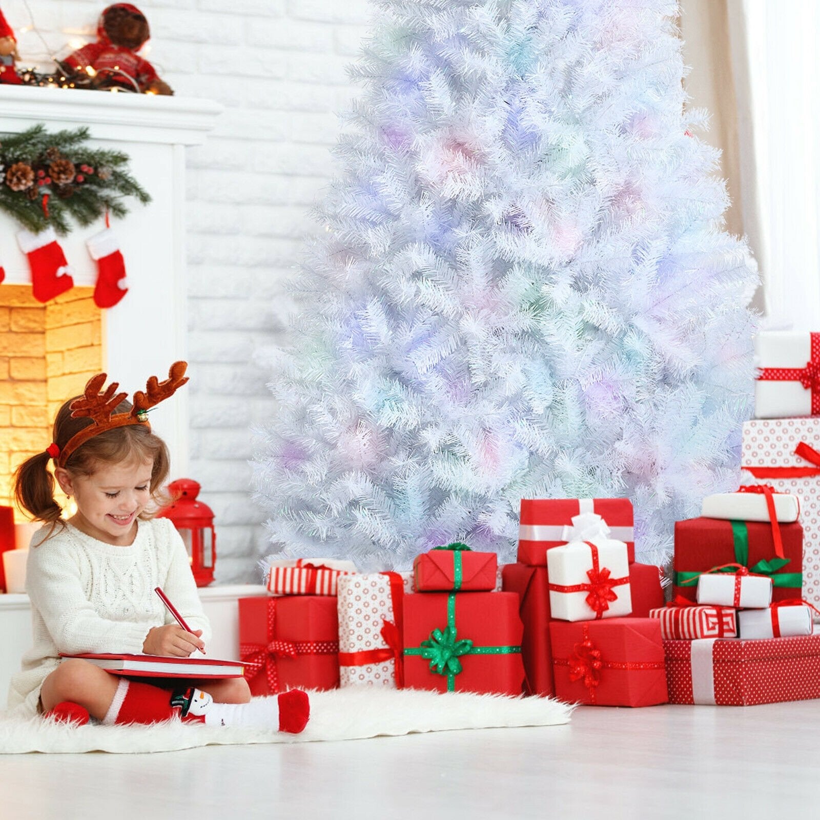 7 Feet White Iridescent Tinsel Artificial Christmas Tree with Metal Stand, White Christmas Tree   at Gallery Canada