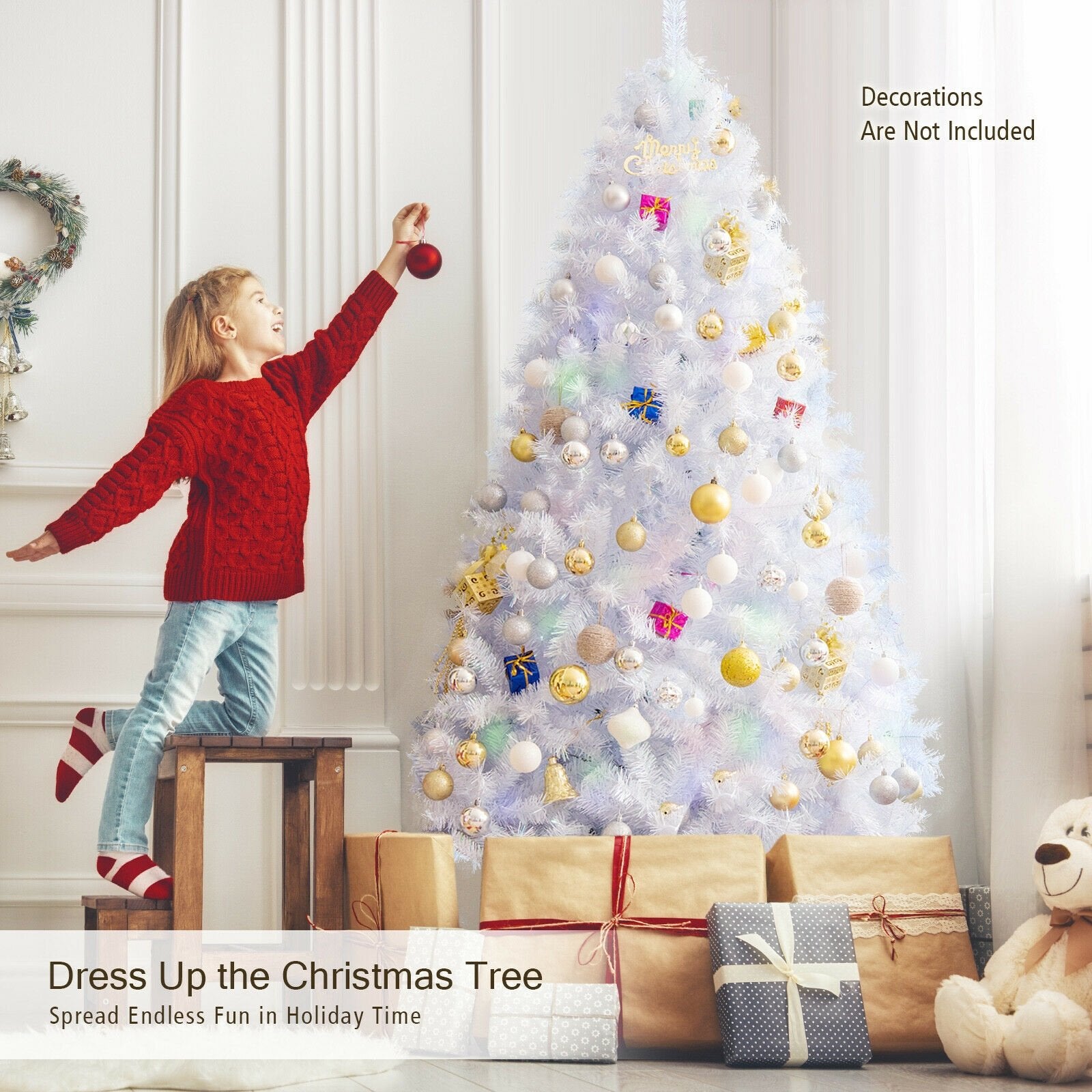 7 Feet White Iridescent Tinsel Artificial Christmas Tree with Metal Stand, White Christmas Tree   at Gallery Canada