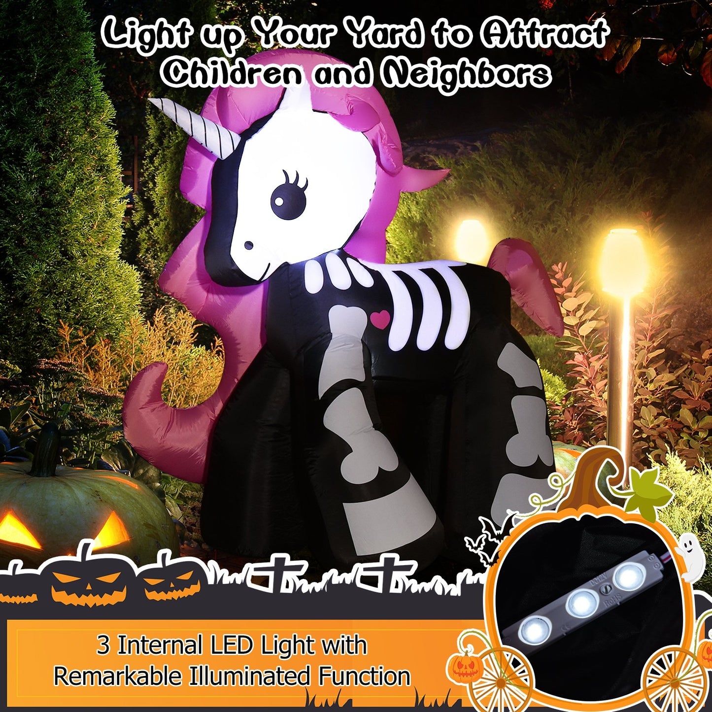 5.5 Feet Halloween Inflatables Skeleton Unicorn with Built-in LED Lights, Multicolor - Gallery Canada