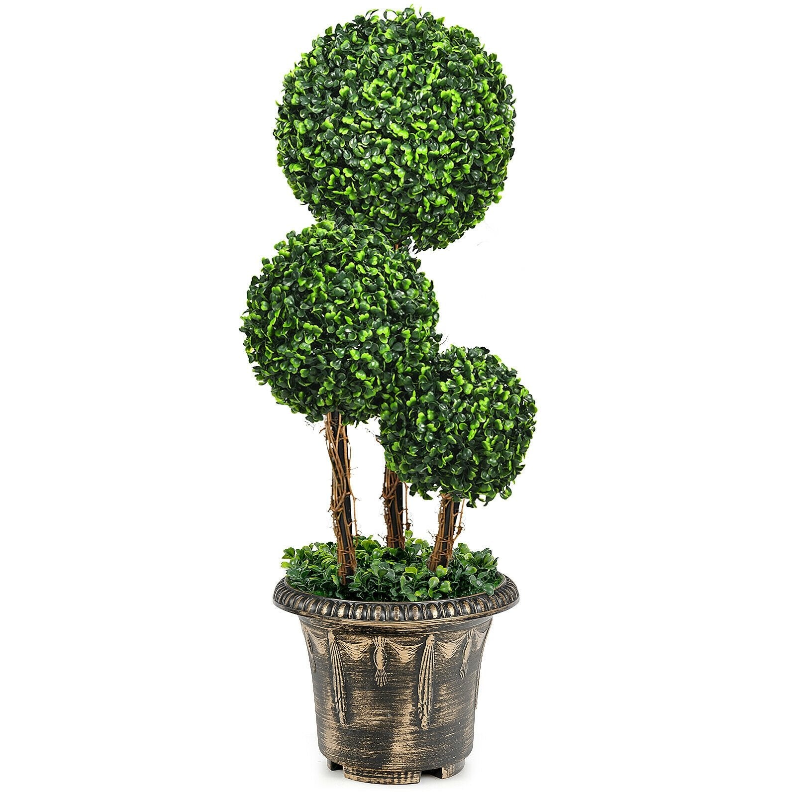 30 Inch Artificial Topiary Triple Ball Tree Indoor and Outdoor UV Protection, Green Faux Plants   at Gallery Canada