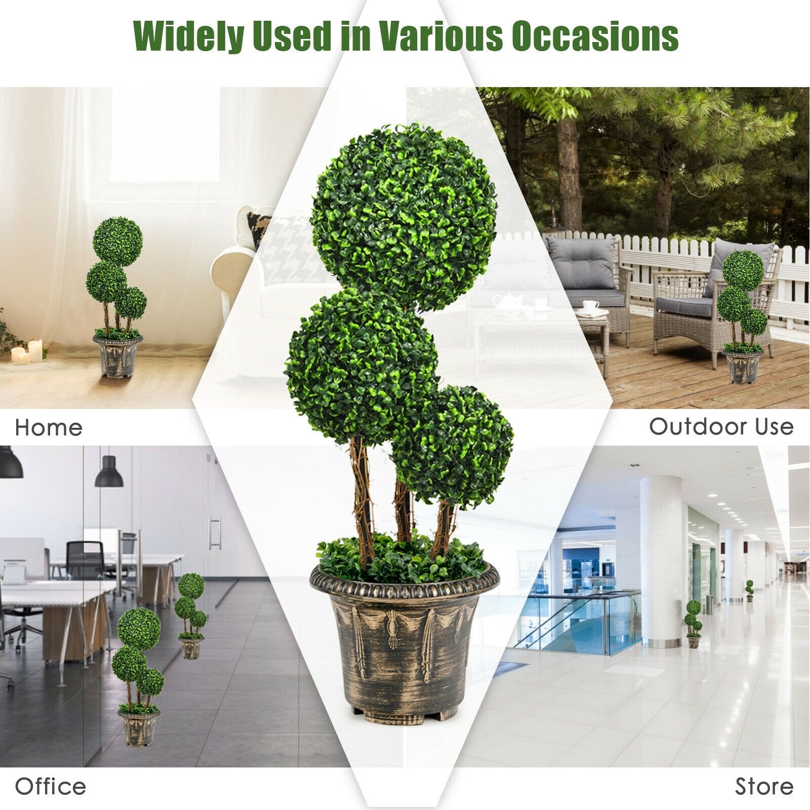 30 Inch Artificial Topiary Triple Ball Tree Indoor and Outdoor UV Protection, Green Faux Plants   at Gallery Canada