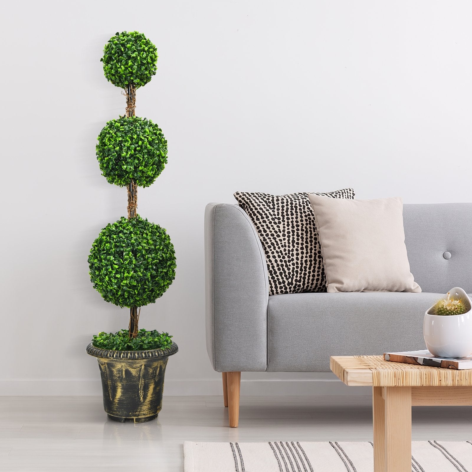 4 Feet Artificial Topiary Triple Ball Tree Plant, Green Faux Plants   at Gallery Canada