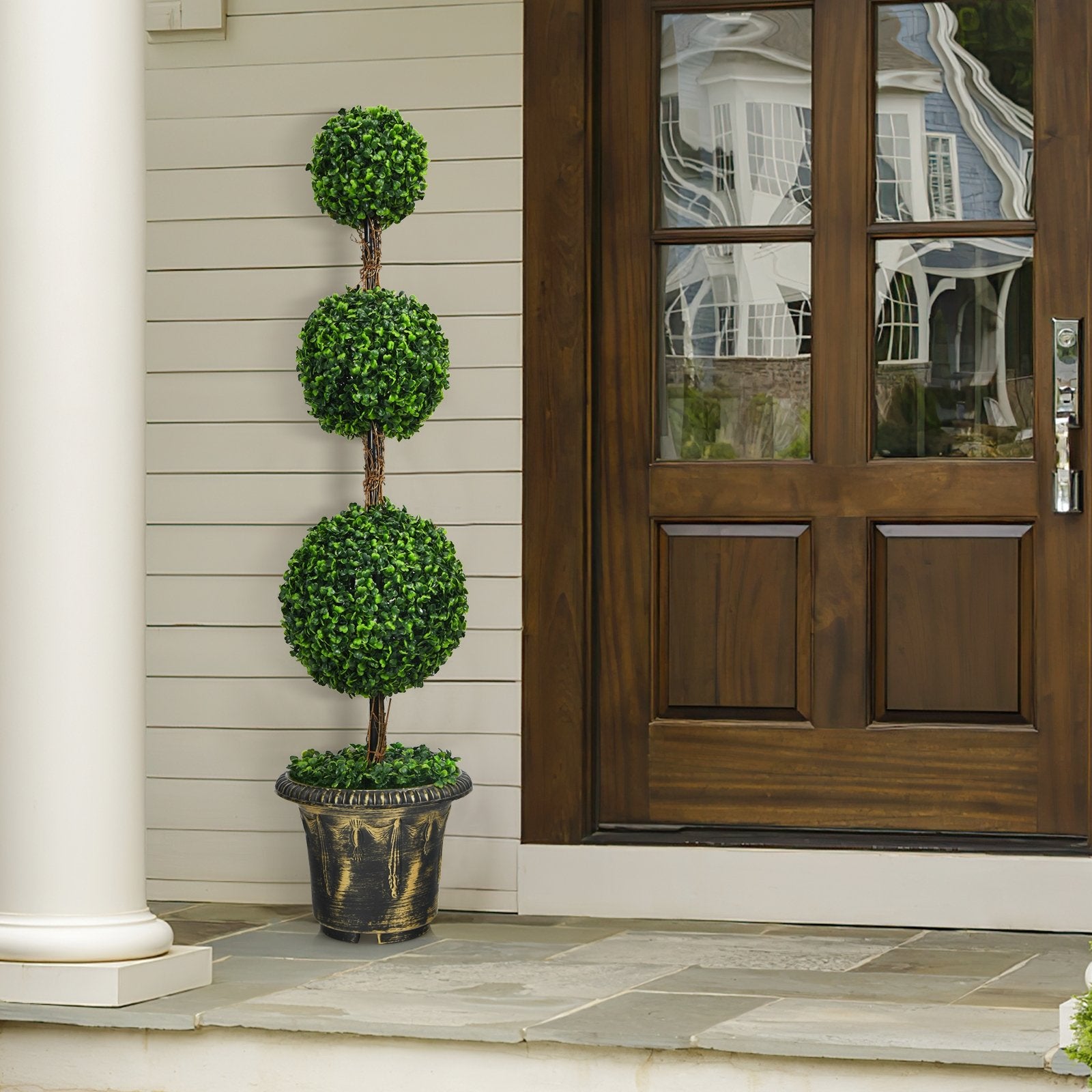 4 Feet Artificial Topiary Triple Ball Tree Plant, Green Faux Plants   at Gallery Canada