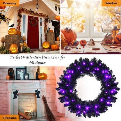 24 Inch Pre-lit Halloween Wreath with 35 Purple LED Lights, Black - Gallery Canada