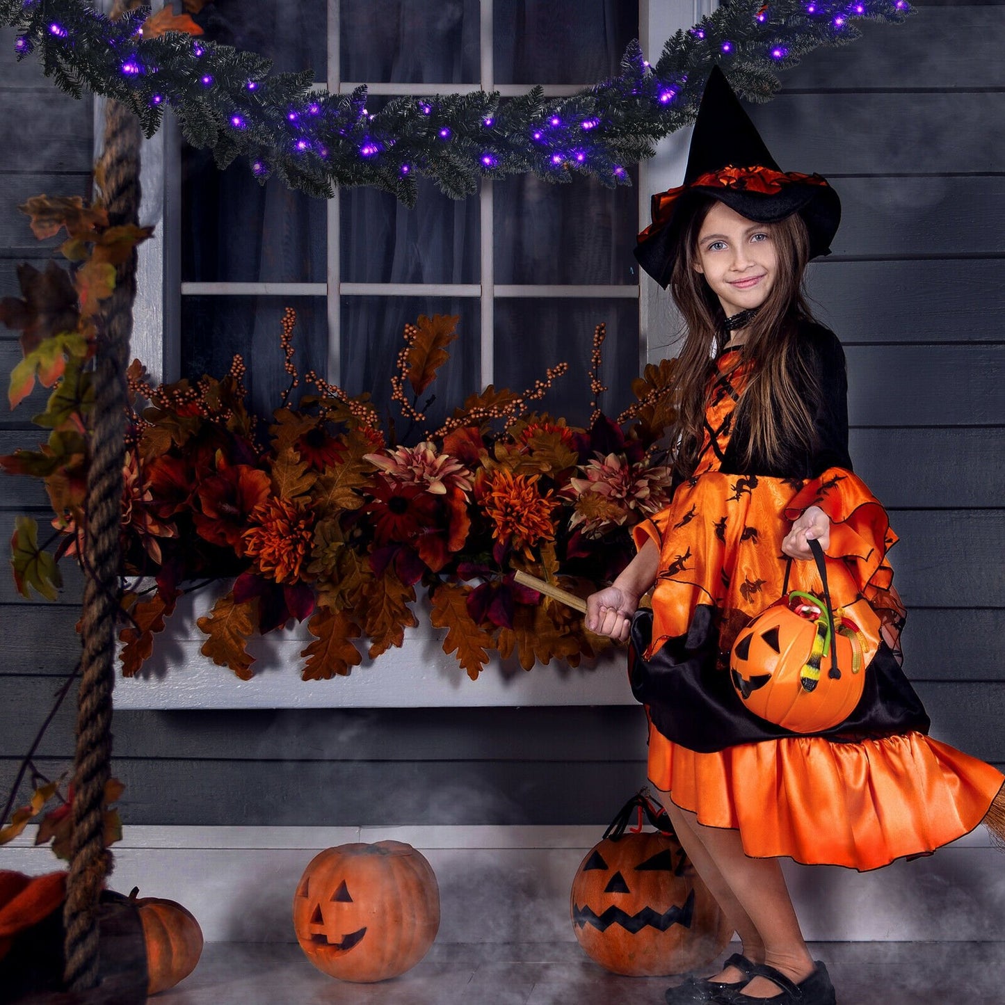 9 Feet Pre-lit Christmas Halloween Garland with 50 Purple LED Lights, Black - Gallery Canada