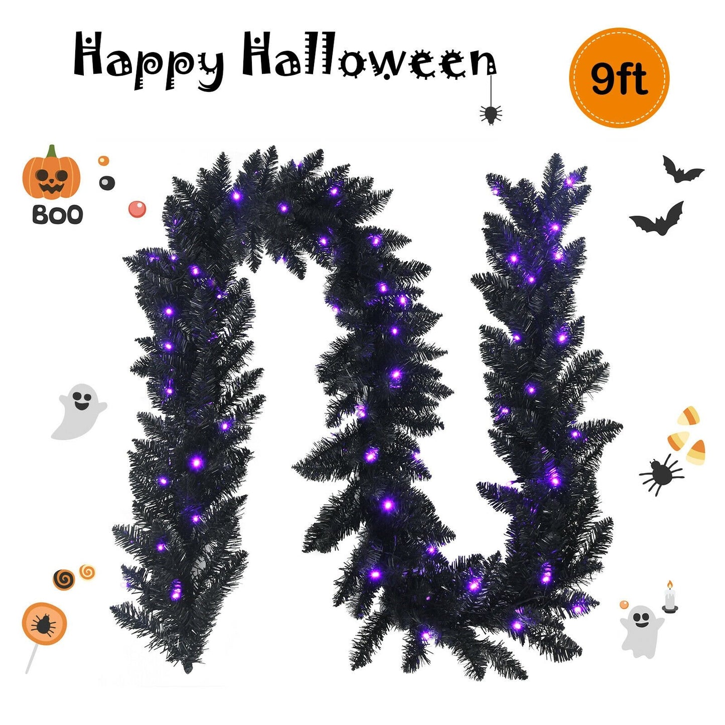 9 Feet Pre-lit Christmas Halloween Garland with 50 Purple LED Lights, Black - Gallery Canada