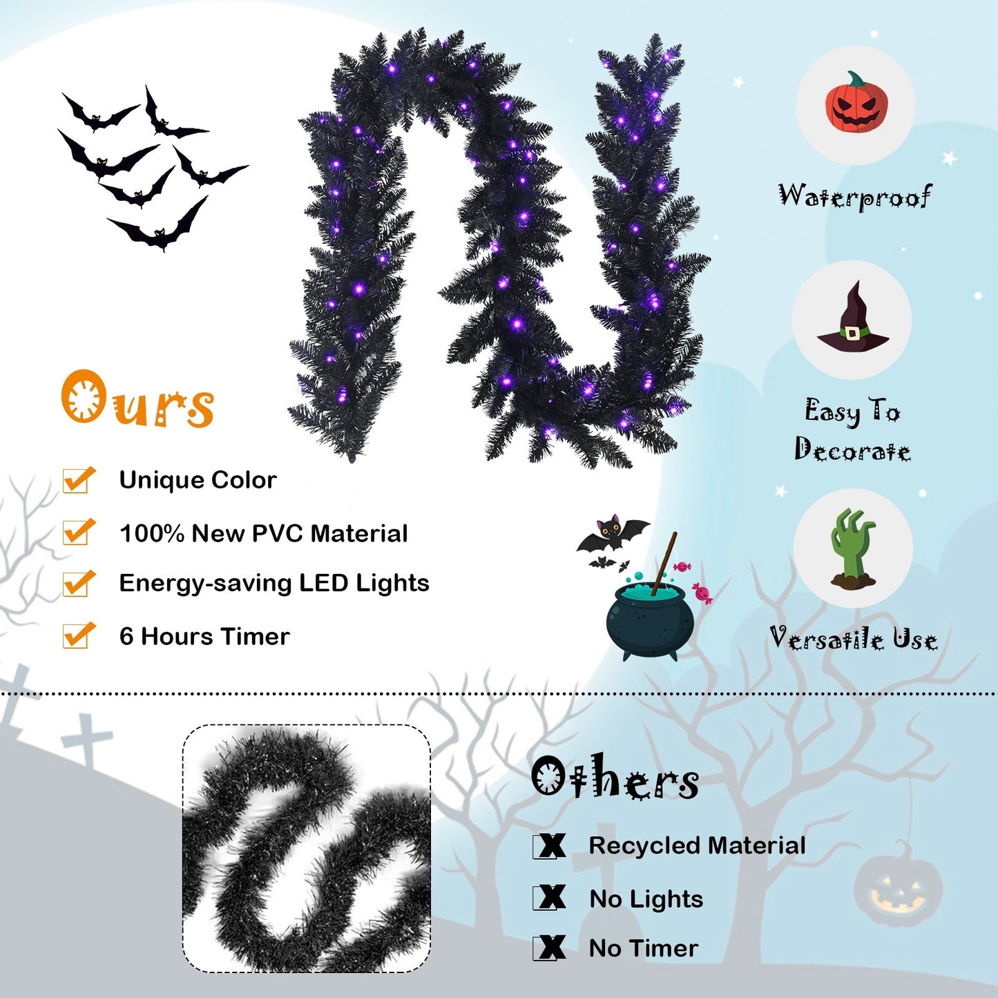 9 Feet Pre-lit Christmas Halloween Garland with 50 Purple LED Lights, Black Halloween   at Gallery Canada