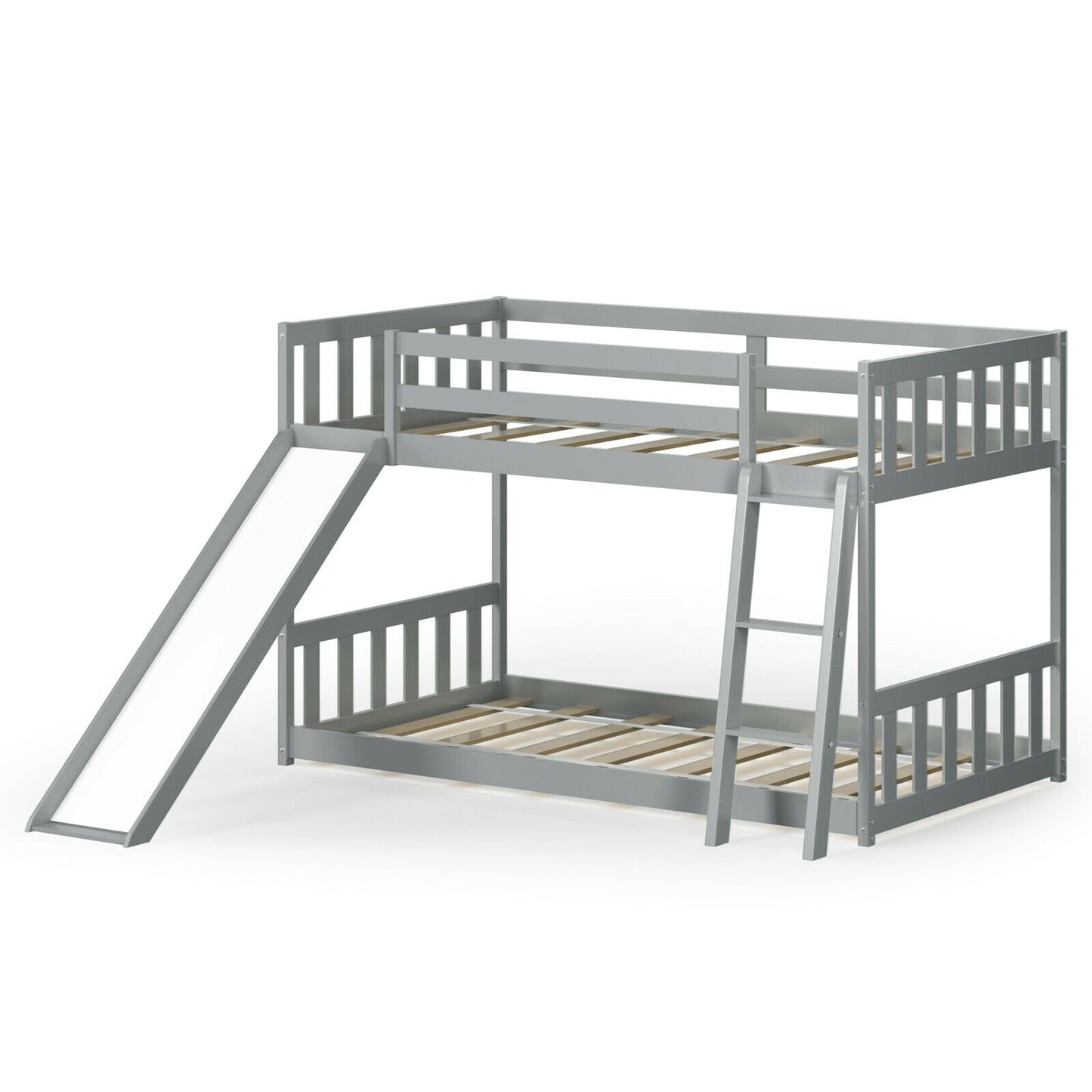 Twin over Twin Bunk Wooden Low Bed with Slide Ladder for Kids, Gray Bunk Bed Frame Gray  at Gallery Canada