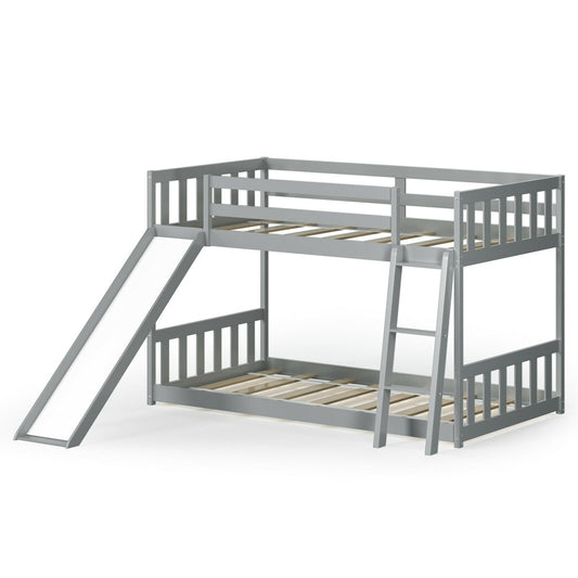 Twin over Twin Bunk Wooden Low Bed with Slide Ladder for Kids, Gray - Gallery Canada