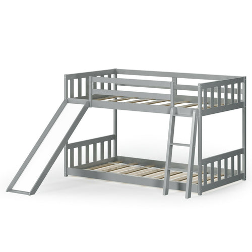 Twin over Twin Bunk Wooden Low Bed with Slide Ladder for Kids, Gray