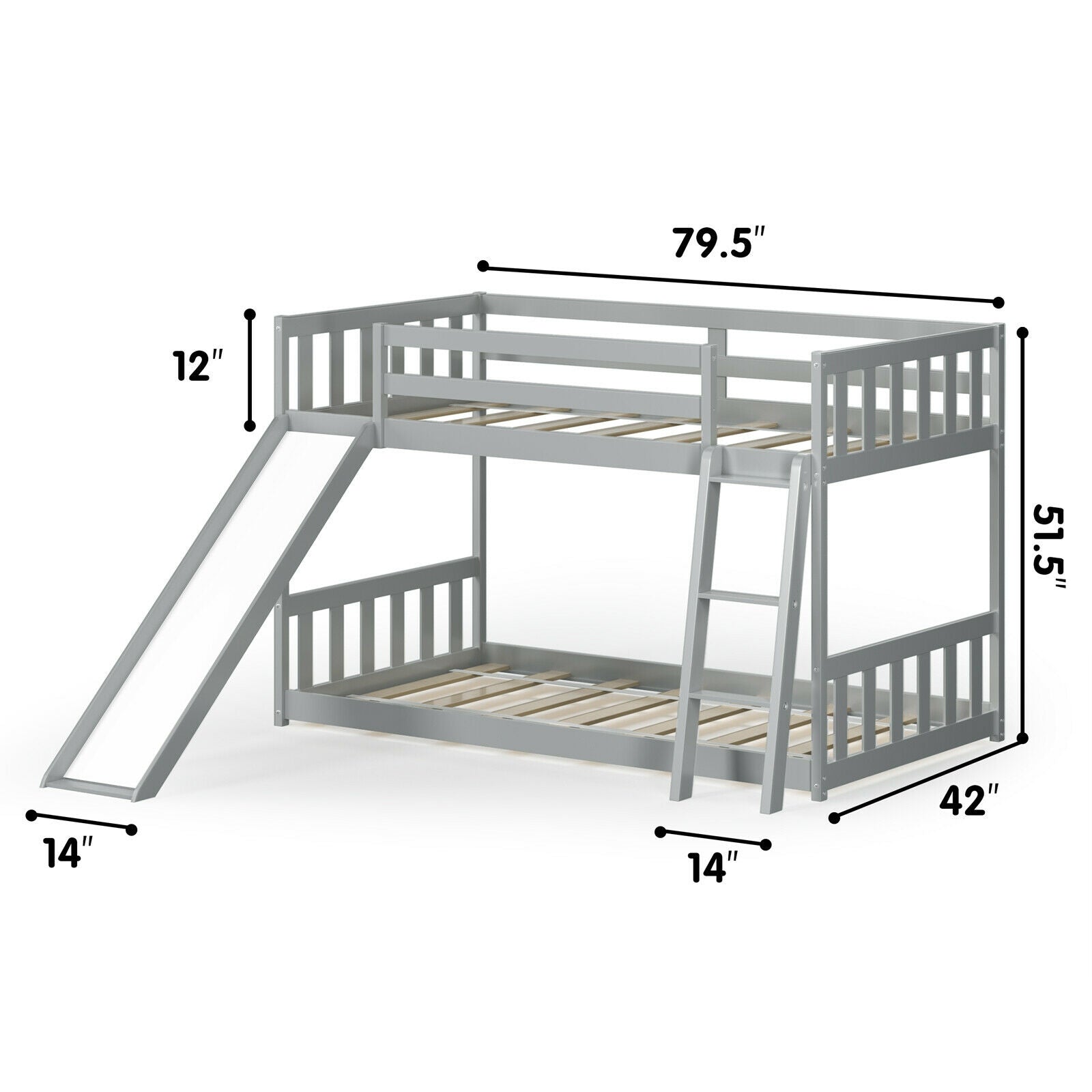 Twin over Twin Bunk Wooden Low Bed with Slide Ladder for Kids, Gray Bunk Bed Frame   at Gallery Canada