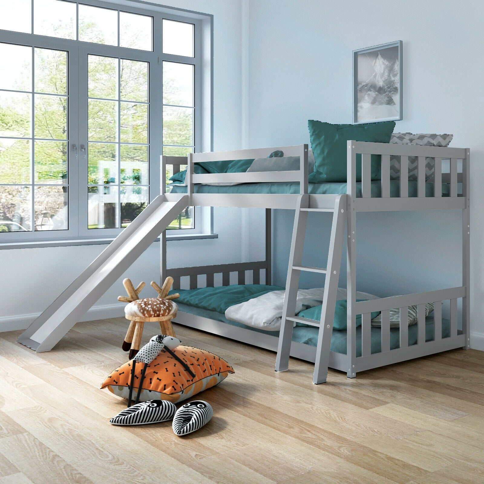 Twin over Twin Bunk Wooden Low Bed with Slide Ladder for Kids, Gray Bunk Bed Frame   at Gallery Canada