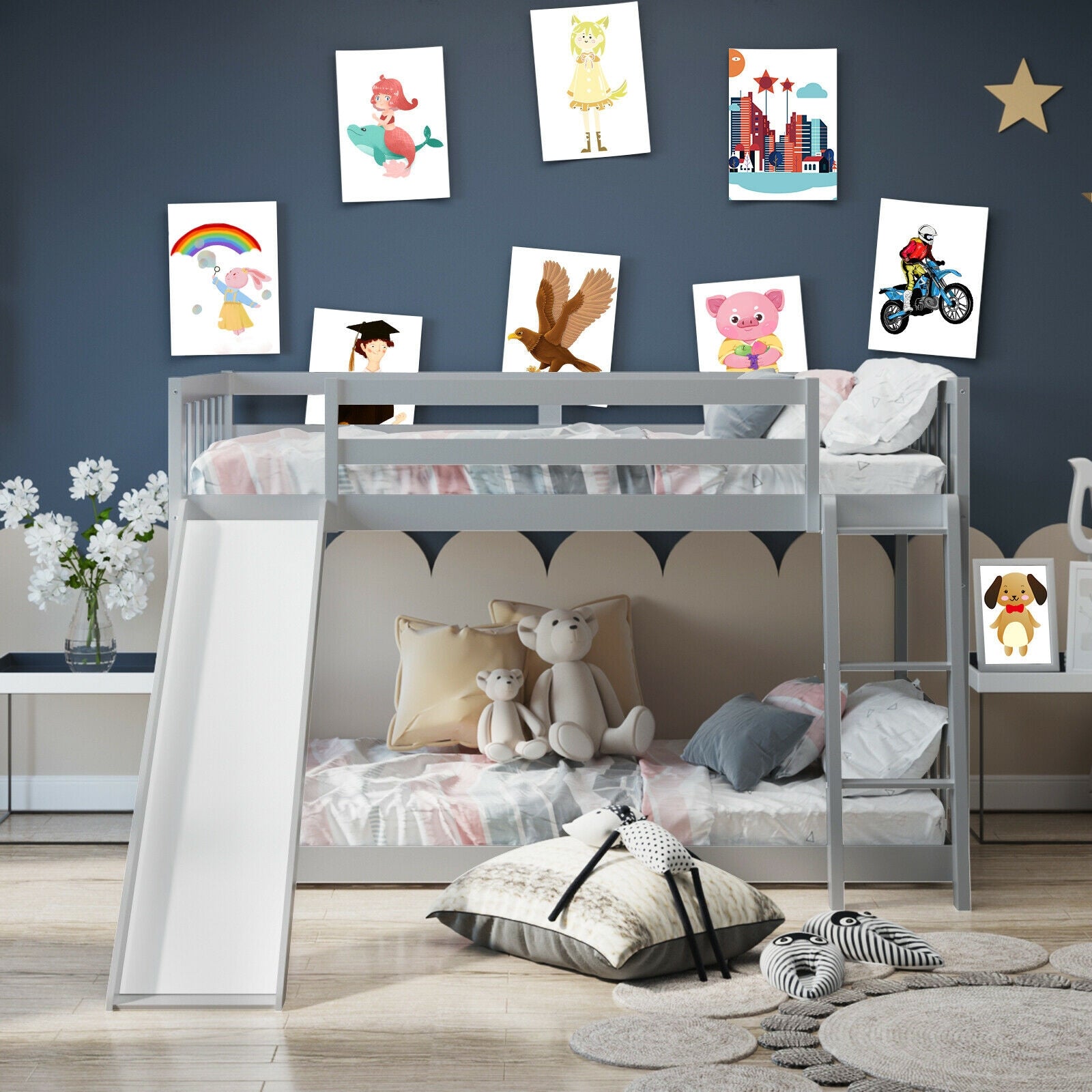 Twin over Twin Bunk Wooden Low Bed with Slide Ladder for Kids, Gray Bunk Bed Frame   at Gallery Canada