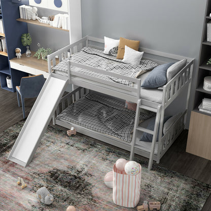 Twin over Twin Bunk Wooden Low Bed with Slide Ladder for Kids, Gray Bunk Bed Frame   at Gallery Canada