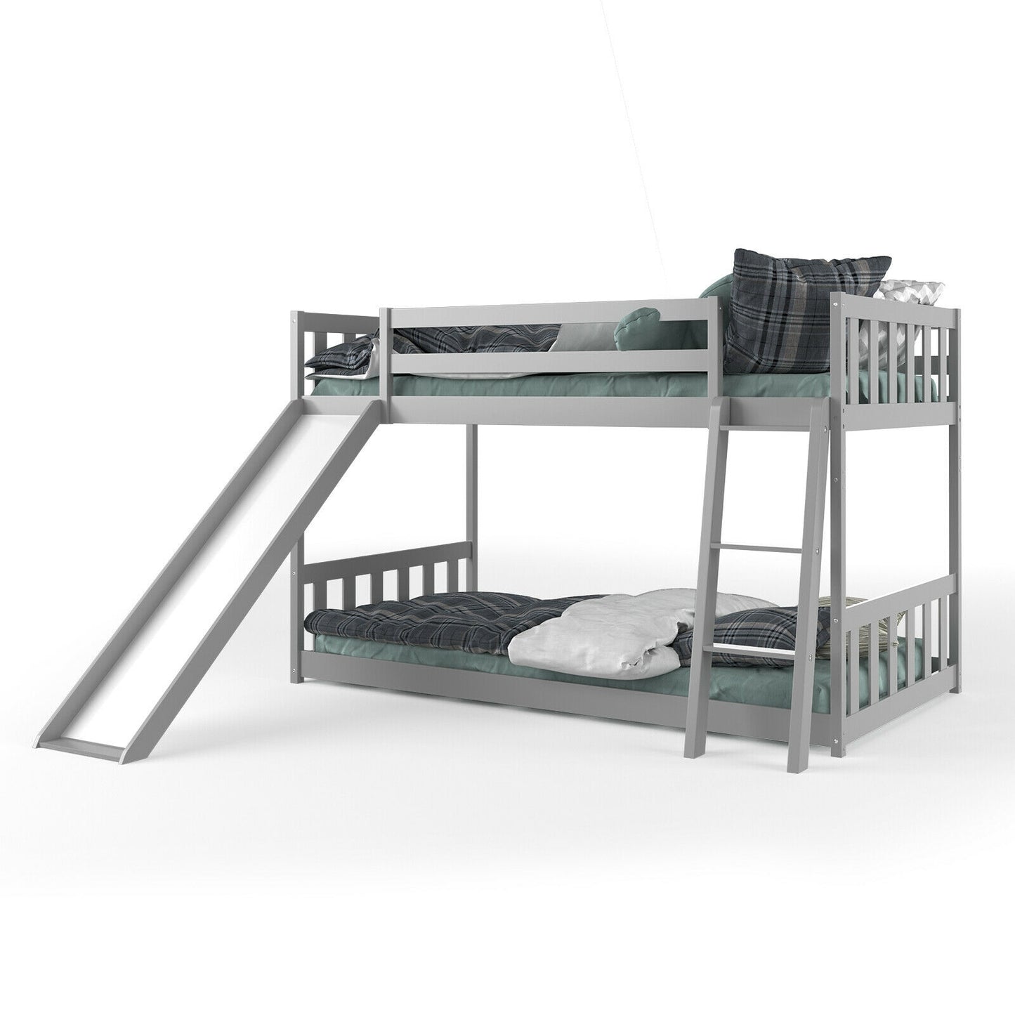 Twin over Twin Bunk Wooden Low Bed with Slide Ladder for Kids, Gray Bunk Bed Frame   at Gallery Canada