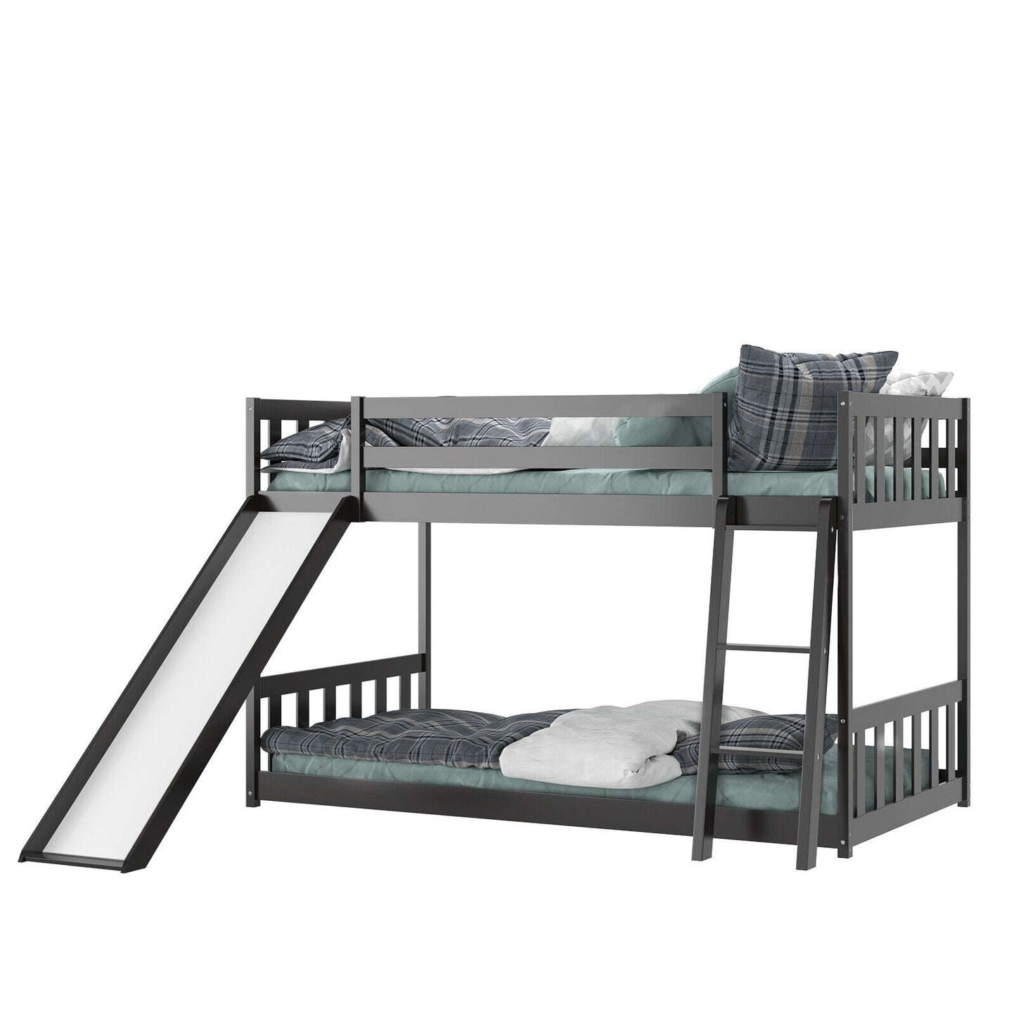 Twin over Twin Bunk Wooden Low Bed with Slide Ladder for Kids, Dark Brown Bunk Bed Frame   at Gallery Canada