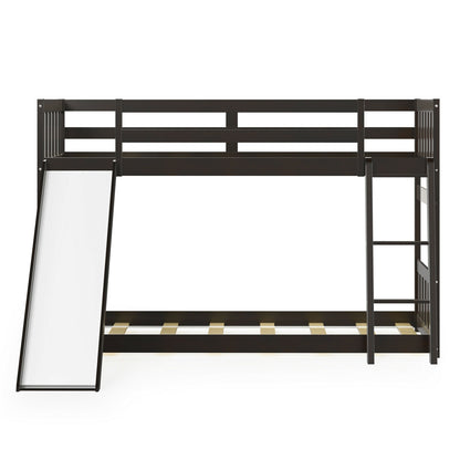 Twin over Twin Bunk Wooden Low Bed with Slide Ladder for Kids, Dark Brown Bunk Bed Frame   at Gallery Canada