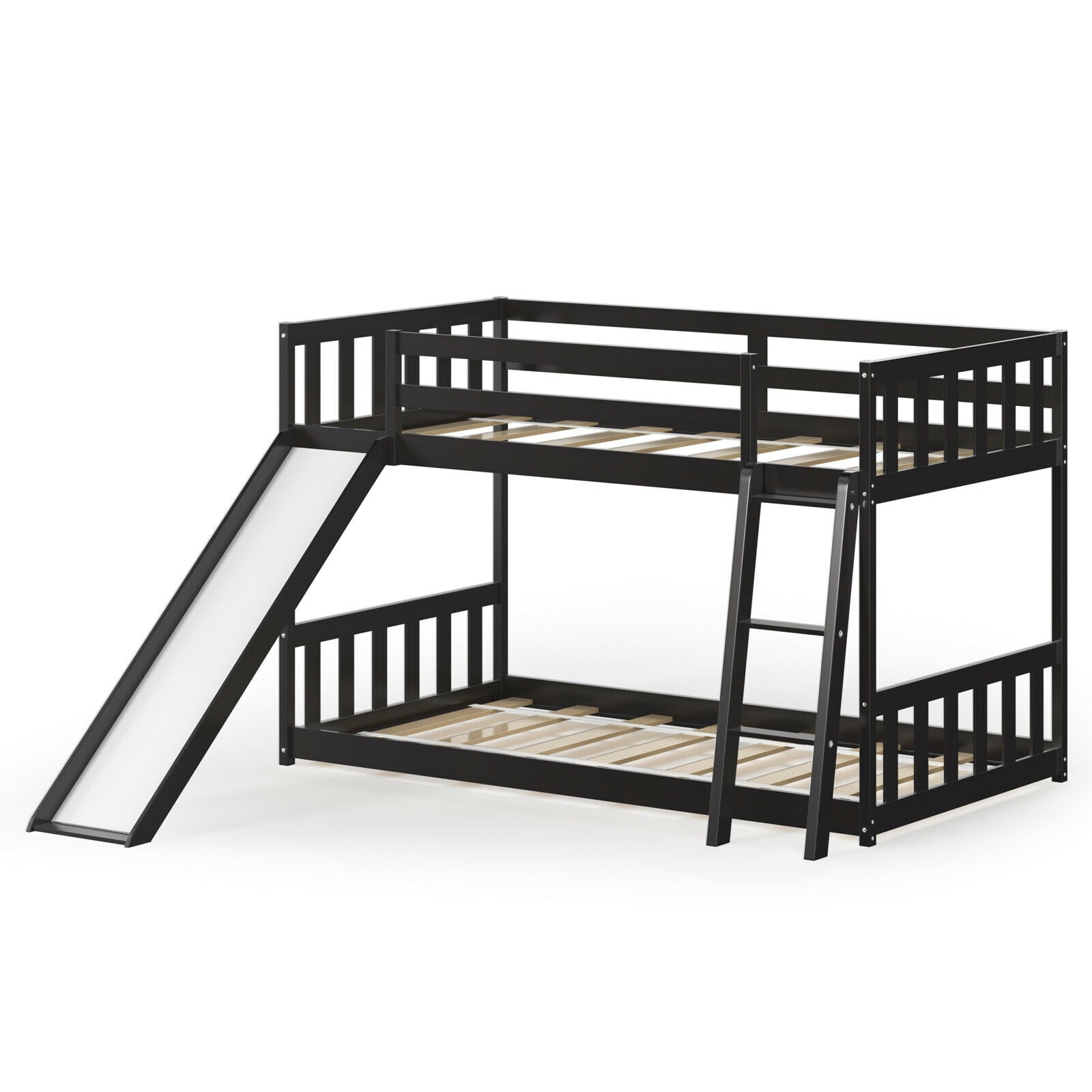 Twin over Twin Bunk Wooden Low Bed with Slide Ladder for Kids, Dark Brown Bunk Bed Frame Dark Brown  at Gallery Canada