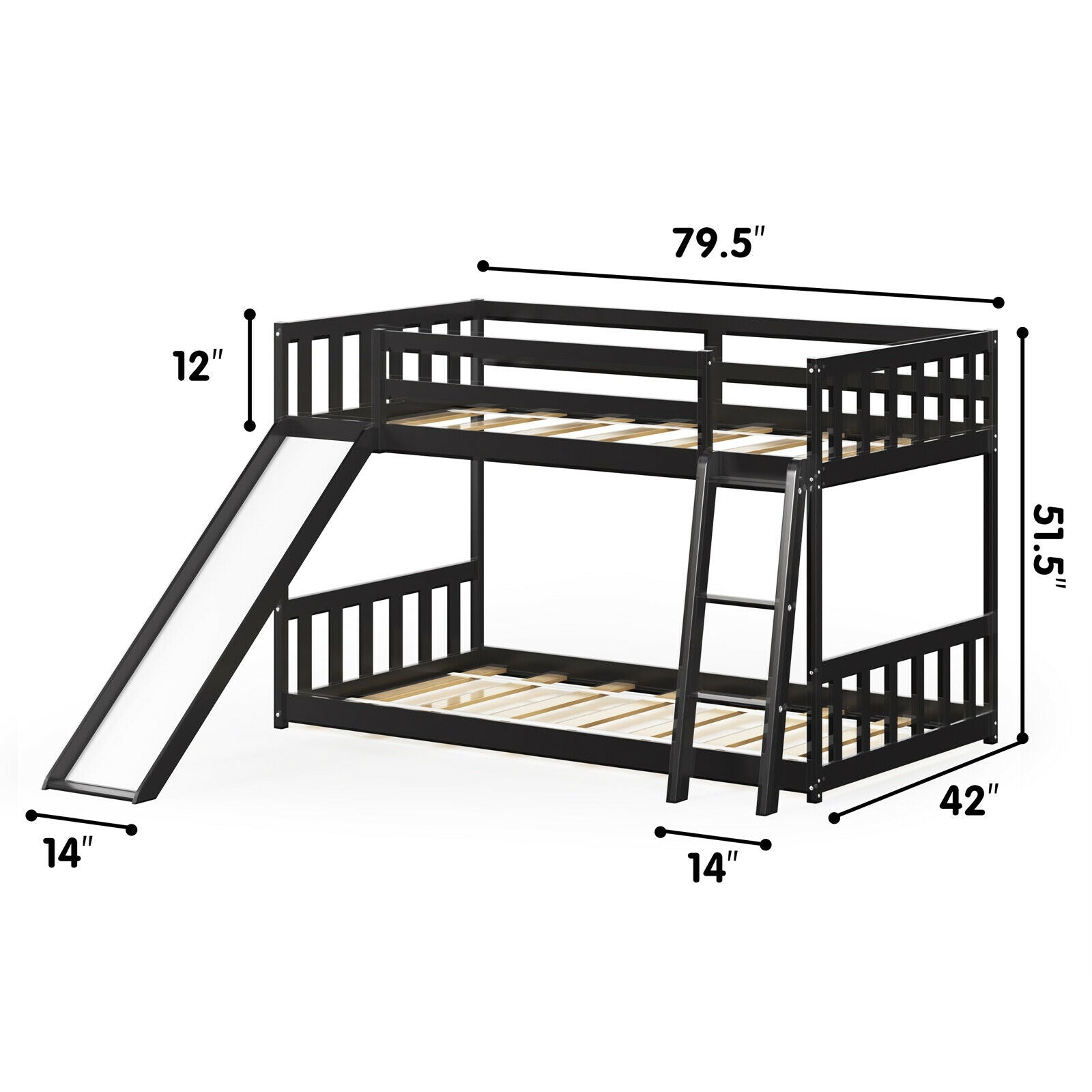 Twin over Twin Bunk Wooden Low Bed with Slide Ladder for Kids, Dark Brown Bunk Bed Frame   at Gallery Canada