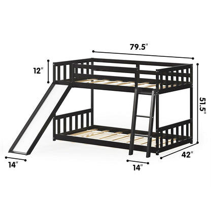 Twin over Twin Bunk Wooden Low Bed with Slide Ladder for Kids, Dark Brown Bunk Bed Frame   at Gallery Canada