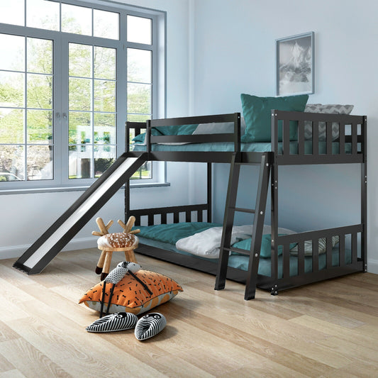 Twin over Twin Bunk Wooden Low Bed with Slide Ladder for Kids, Dark Brown - Gallery Canada