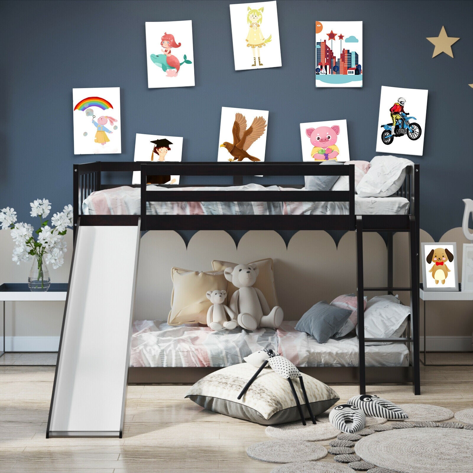 Twin over Twin Bunk Wooden Low Bed with Slide Ladder for Kids, Dark Brown Bunk Bed Frame   at Gallery Canada