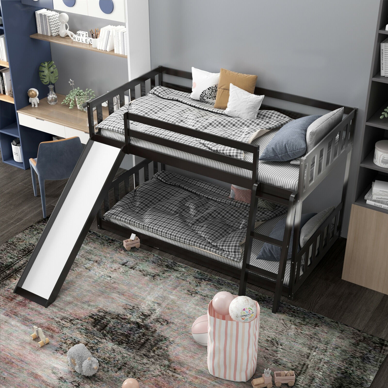 Twin over Twin Bunk Wooden Low Bed with Slide Ladder for Kids, Dark Brown Bunk Bed Frame   at Gallery Canada