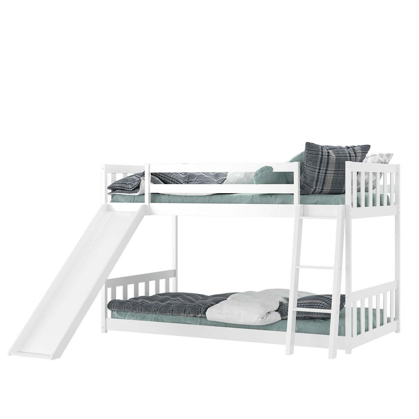 Twin over Twin Bunk Wooden Low Bed with Slide Ladder for Kids, White Bunk Bed Frame   at Gallery Canada