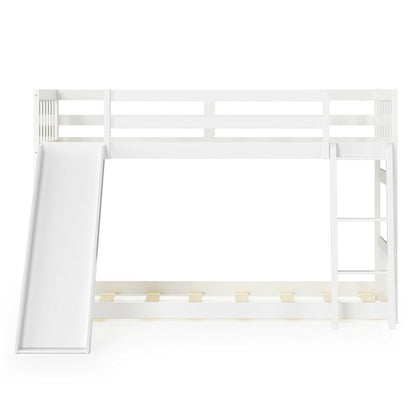 Twin over Twin Bunk Wooden Low Bed with Slide Ladder for Kids, White Bunk Bed Frame   at Gallery Canada