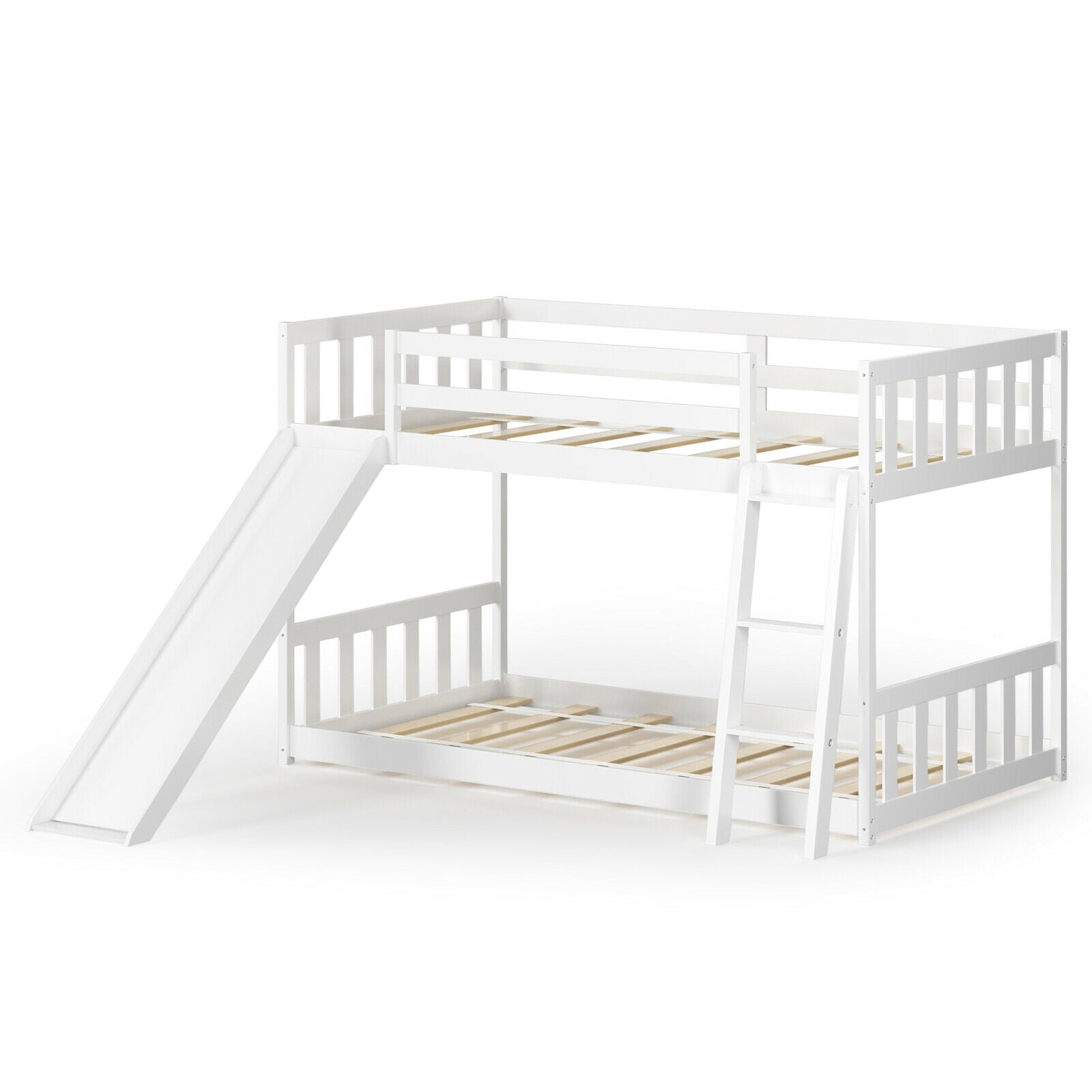 Twin over Twin Bunk Wooden Low Bed with Slide Ladder for Kids, White Bunk Bed Frame White  at Gallery Canada