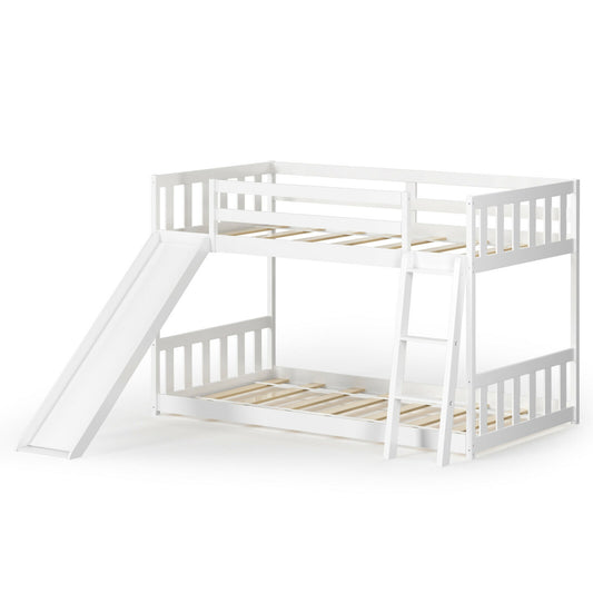 Twin over Twin Bunk Wooden Low Bed with Slide Ladder for Kids, White - Gallery Canada