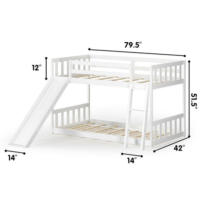 Twin over Twin Bunk Wooden Low Bed with Slide Ladder for Kids, White Bunk Bed Frame   at Gallery Canada