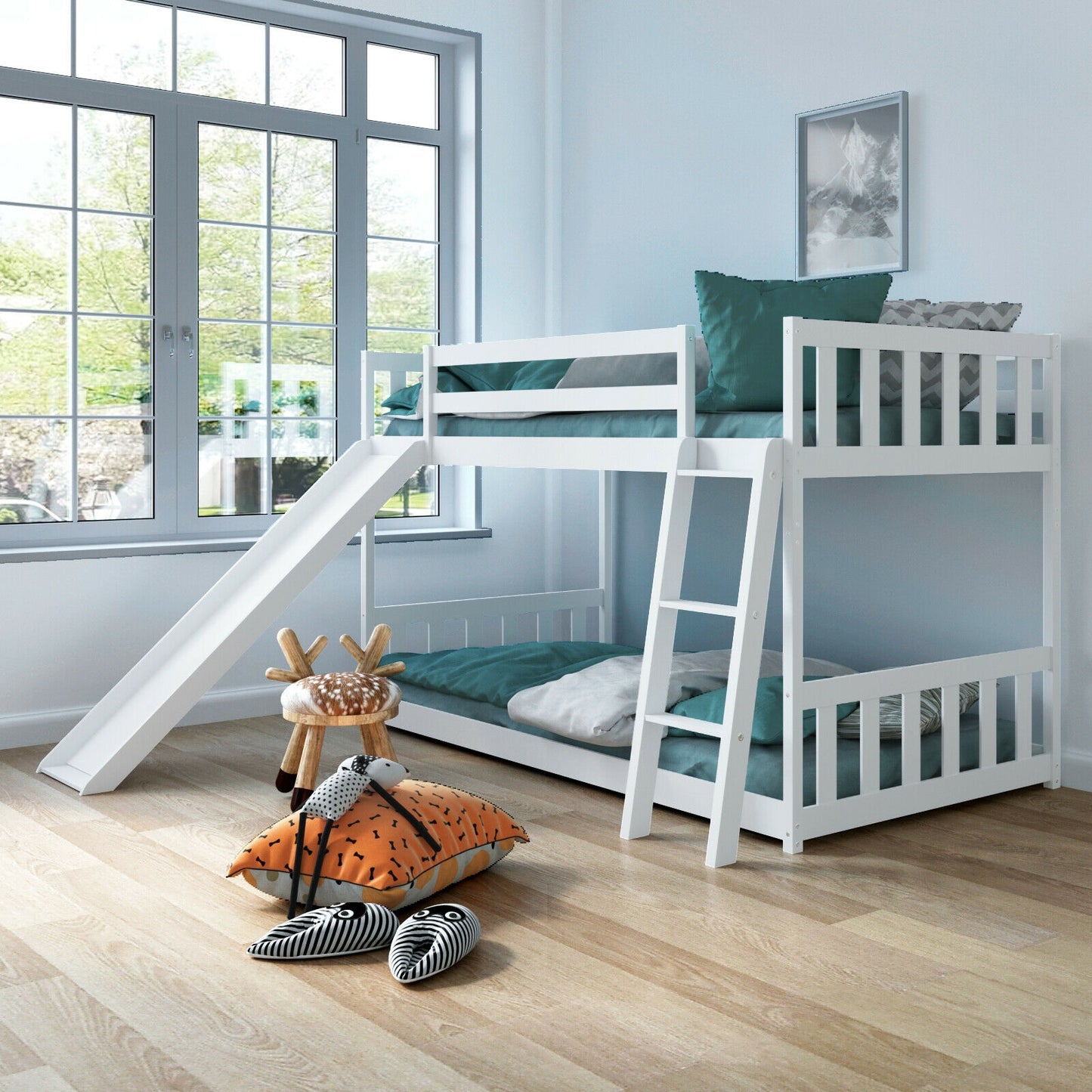 Twin over Twin Bunk Wooden Low Bed with Slide Ladder for Kids, White Bunk Bed Frame   at Gallery Canada