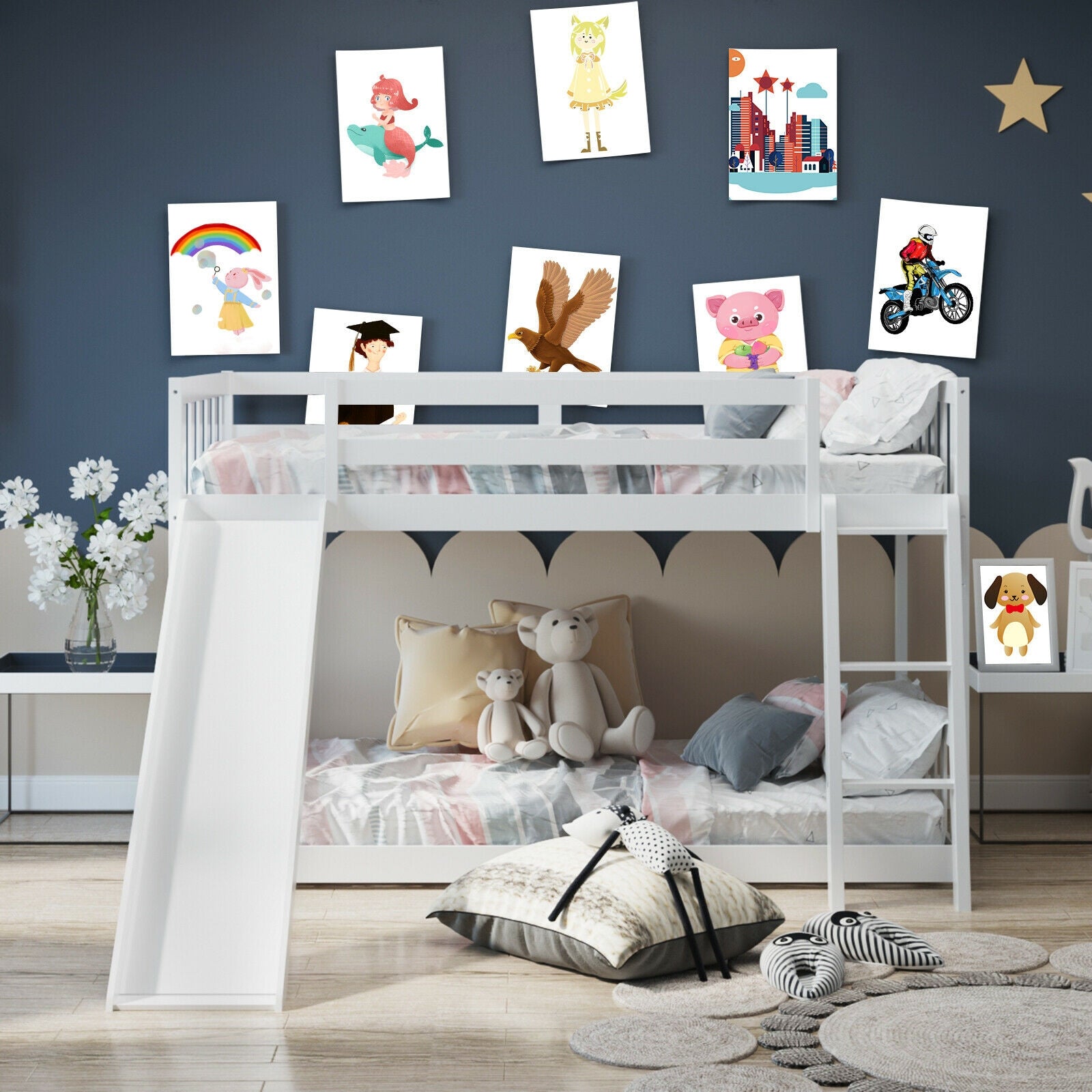 Twin over Twin Bunk Wooden Low Bed with Slide Ladder for Kids, White Bunk Bed Frame   at Gallery Canada