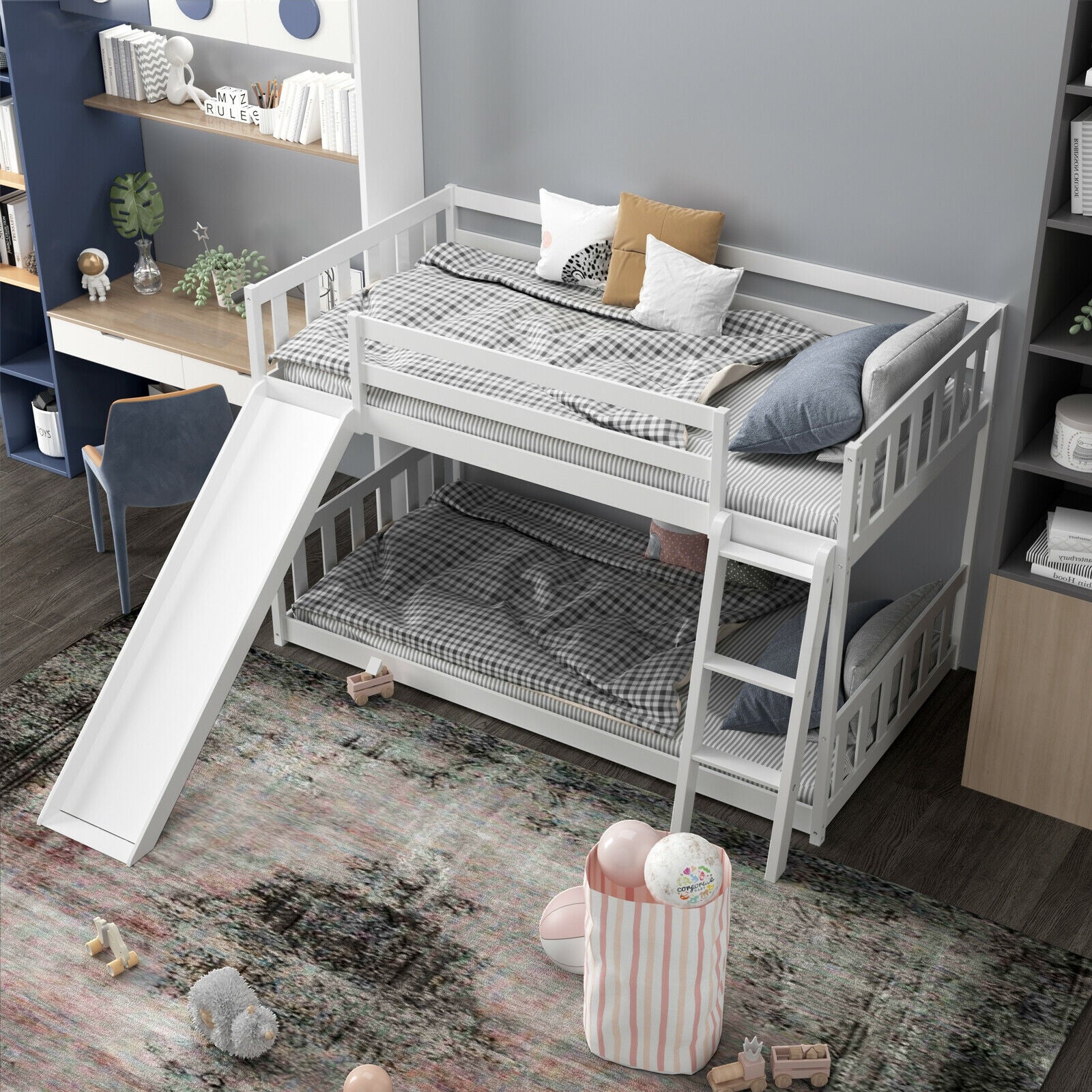 Twin over Twin Bunk Wooden Low Bed with Slide Ladder for Kids, White Bunk Bed Frame   at Gallery Canada