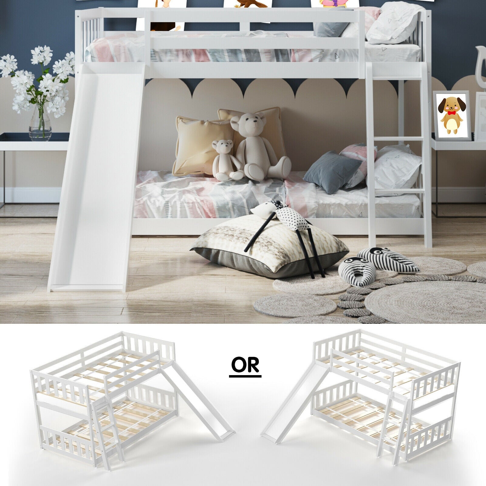 Twin over Twin Bunk Wooden Low Bed with Slide Ladder for Kids, White Bunk Bed Frame   at Gallery Canada