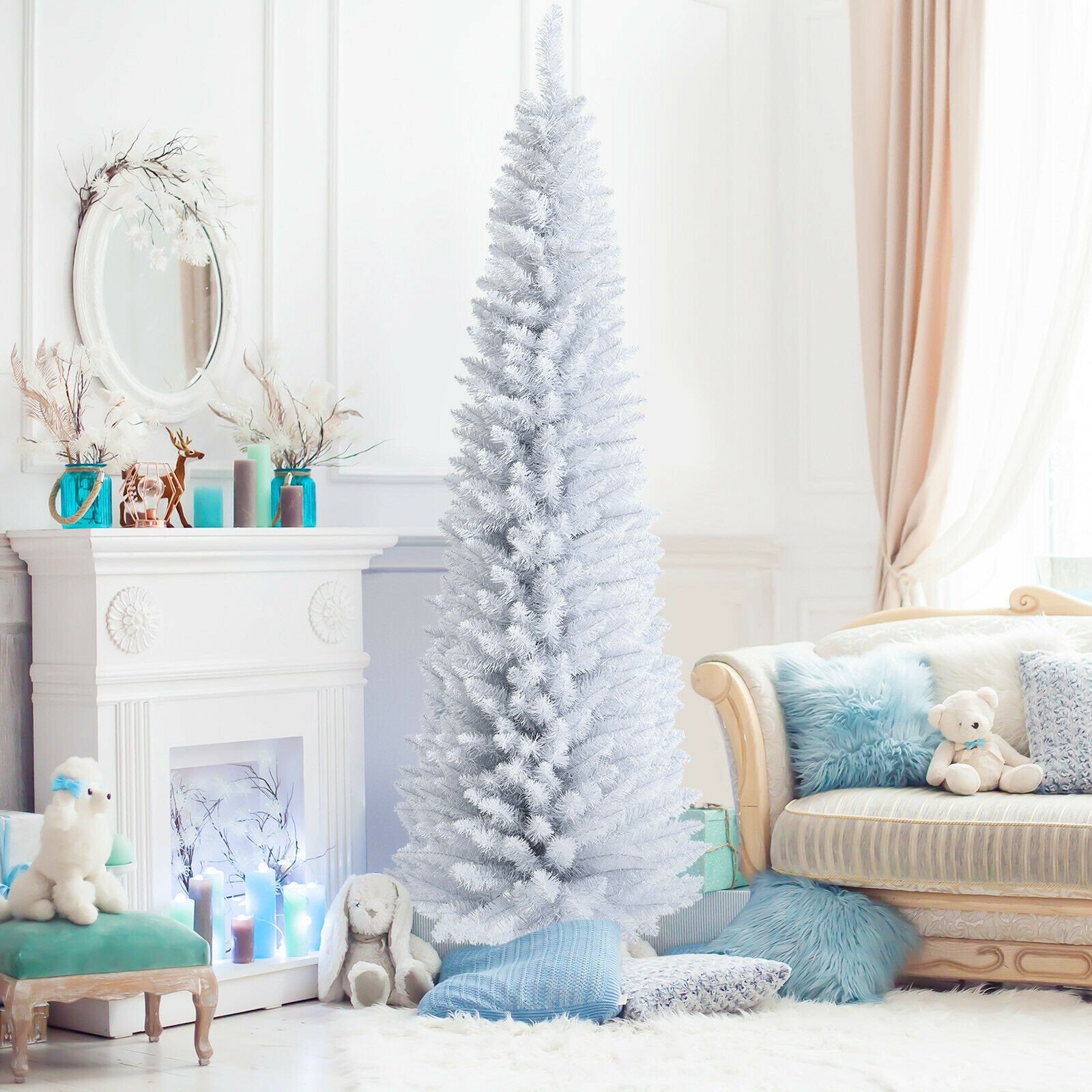 7 Feet Unlit Artificial Slim Christmas Pencil Tree with Metal Stand, White Christmas Tree   at Gallery Canada