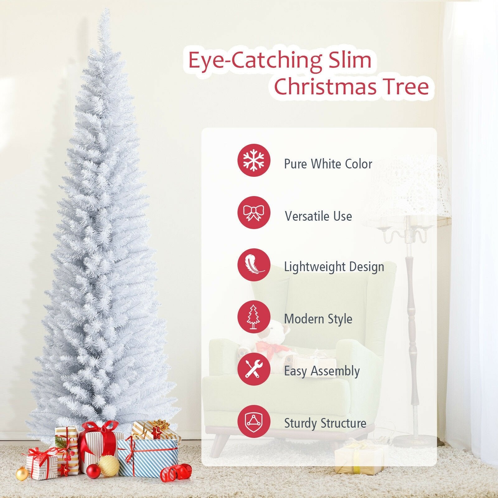 7 Feet Unlit Artificial Slim Christmas Pencil Tree with Metal Stand, White Christmas Tree   at Gallery Canada