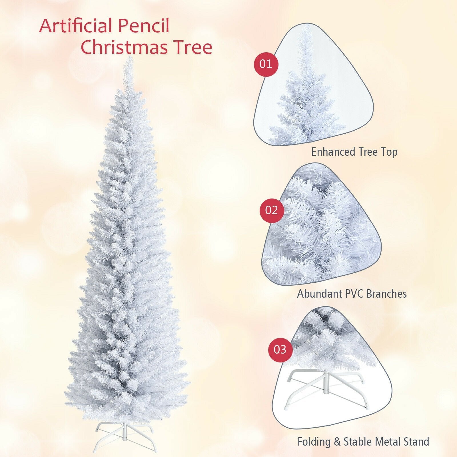 7 Feet Unlit Artificial Slim Christmas Pencil Tree with Metal Stand, White Christmas Tree   at Gallery Canada