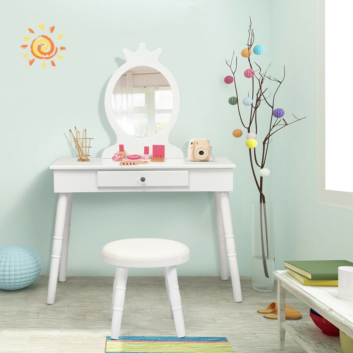 Vanity Makeup Table & Chair Set Make Up Stool, White Kids Vanities   at Gallery Canada