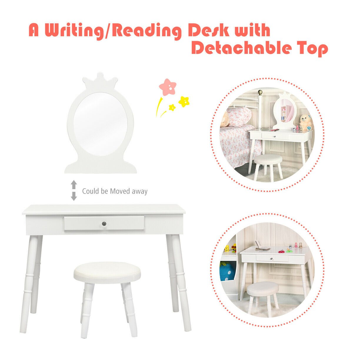 Vanity Makeup Table & Chair Set Make Up Stool, White Kids Vanities   at Gallery Canada