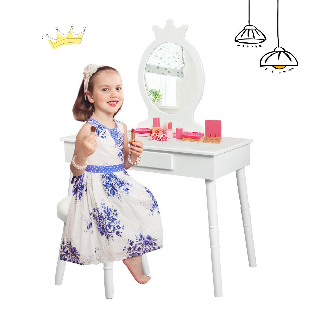 Vanity Makeup Table & Chair Set Make Up Stool, White Kids Vanities   at Gallery Canada