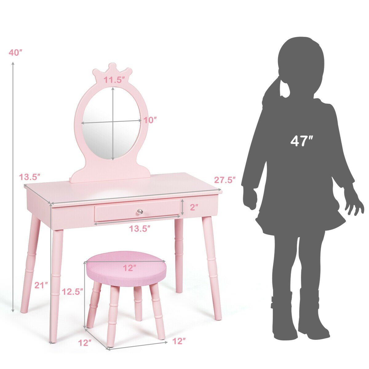 Kids Vanity Makeup Table and Chair Set Make Up Stool, Pink Kids Vanities   at Gallery Canada