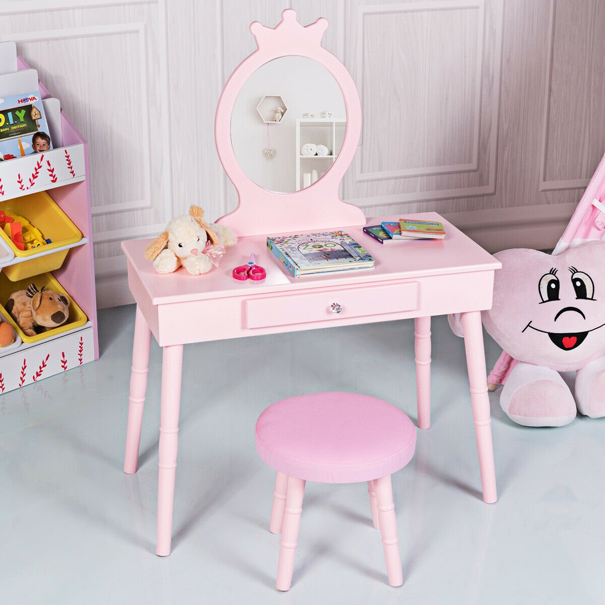 Kids Vanity Makeup Table and Chair Set Make Up Stool, Pink - Gallery Canada