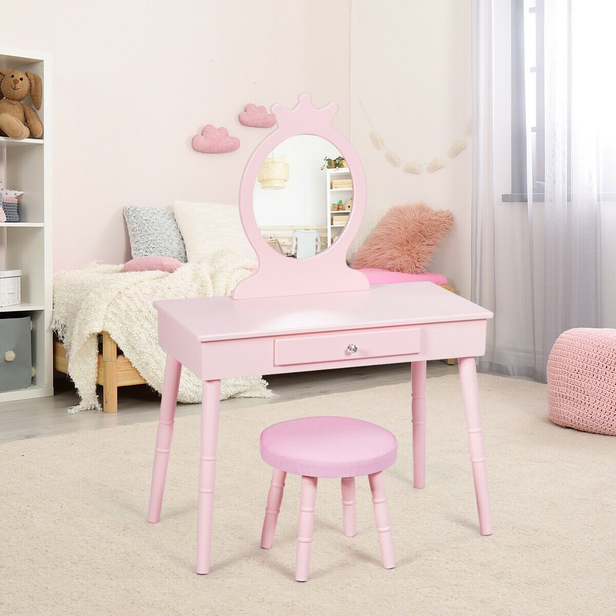 Kids Vanity Makeup Table and Chair Set Make Up Stool, Pink Kids Vanities   at Gallery Canada