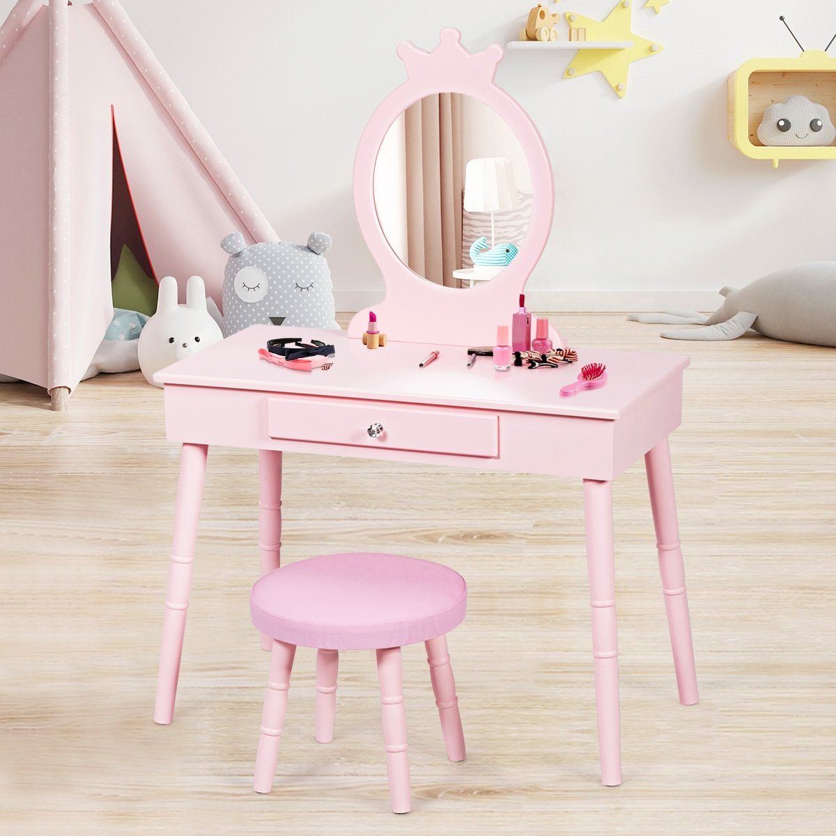 Kids Vanity Makeup Table and Chair Set Make Up Stool, Pink Kids Vanities   at Gallery Canada