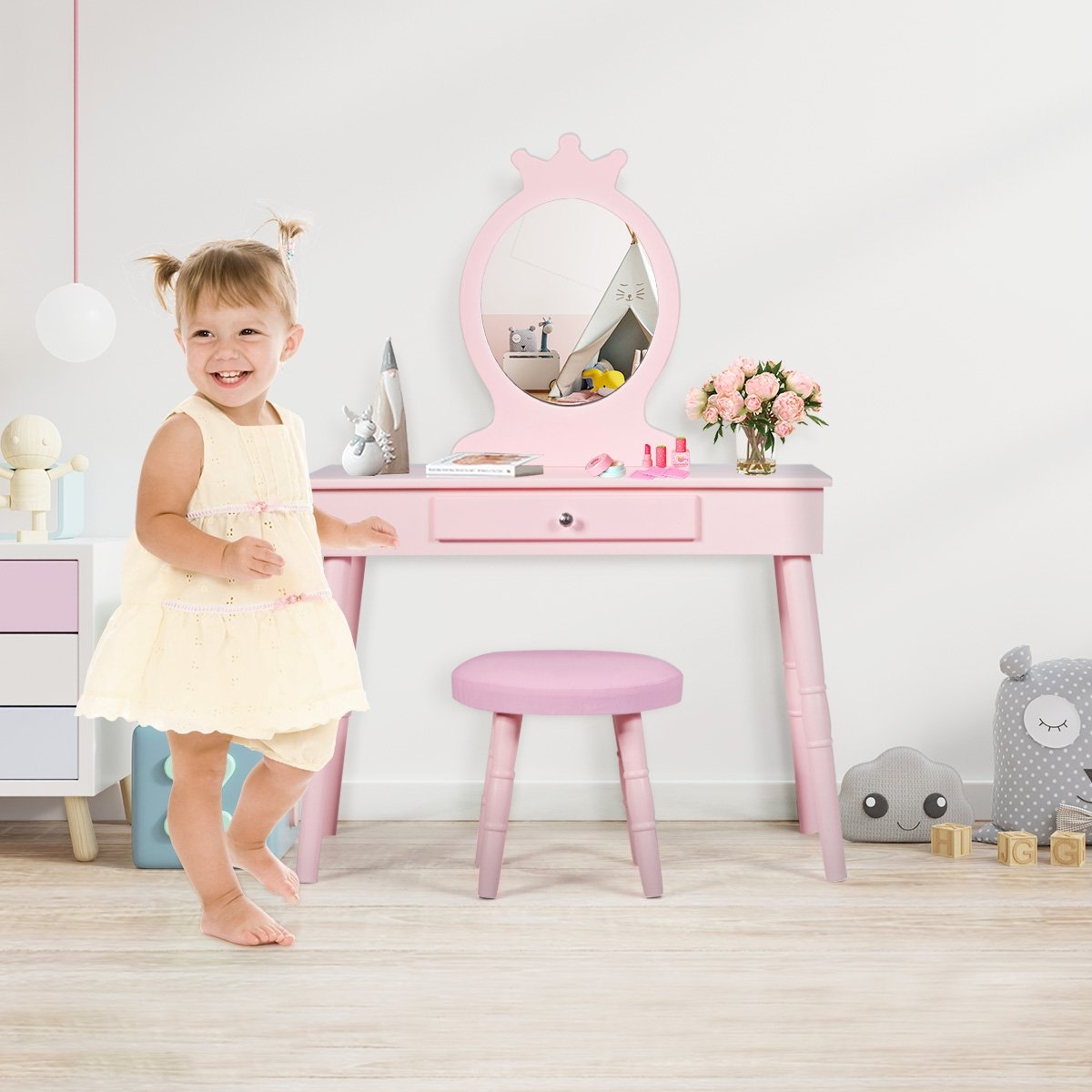 Kids Vanity Makeup Table and Chair Set Make Up Stool, Pink Kids Vanities   at Gallery Canada