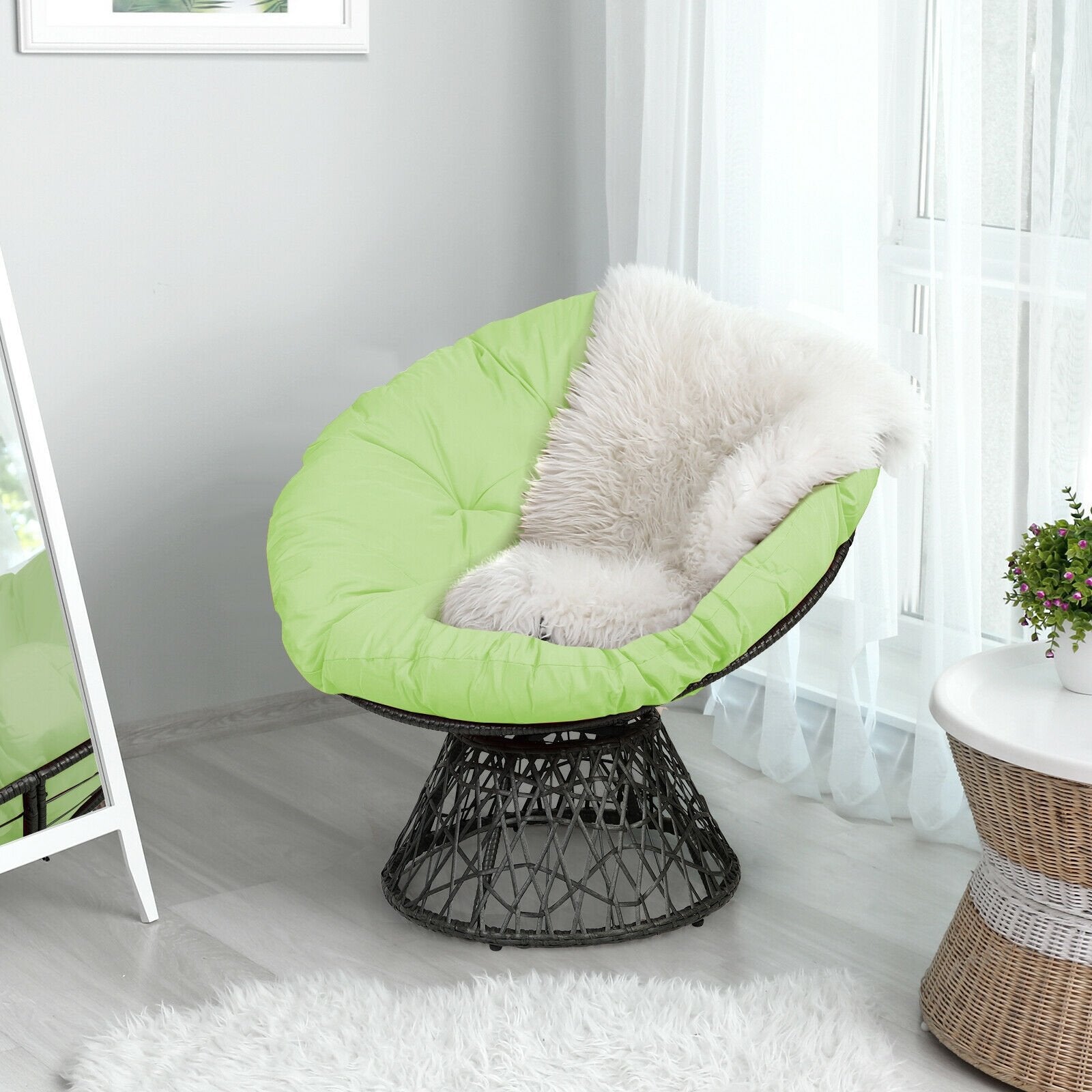 Rattan Papasan Chair Ergonomic 360-degree Swivel Soft Cushion Garden, Green Patio Dining Chairs   at Gallery Canada