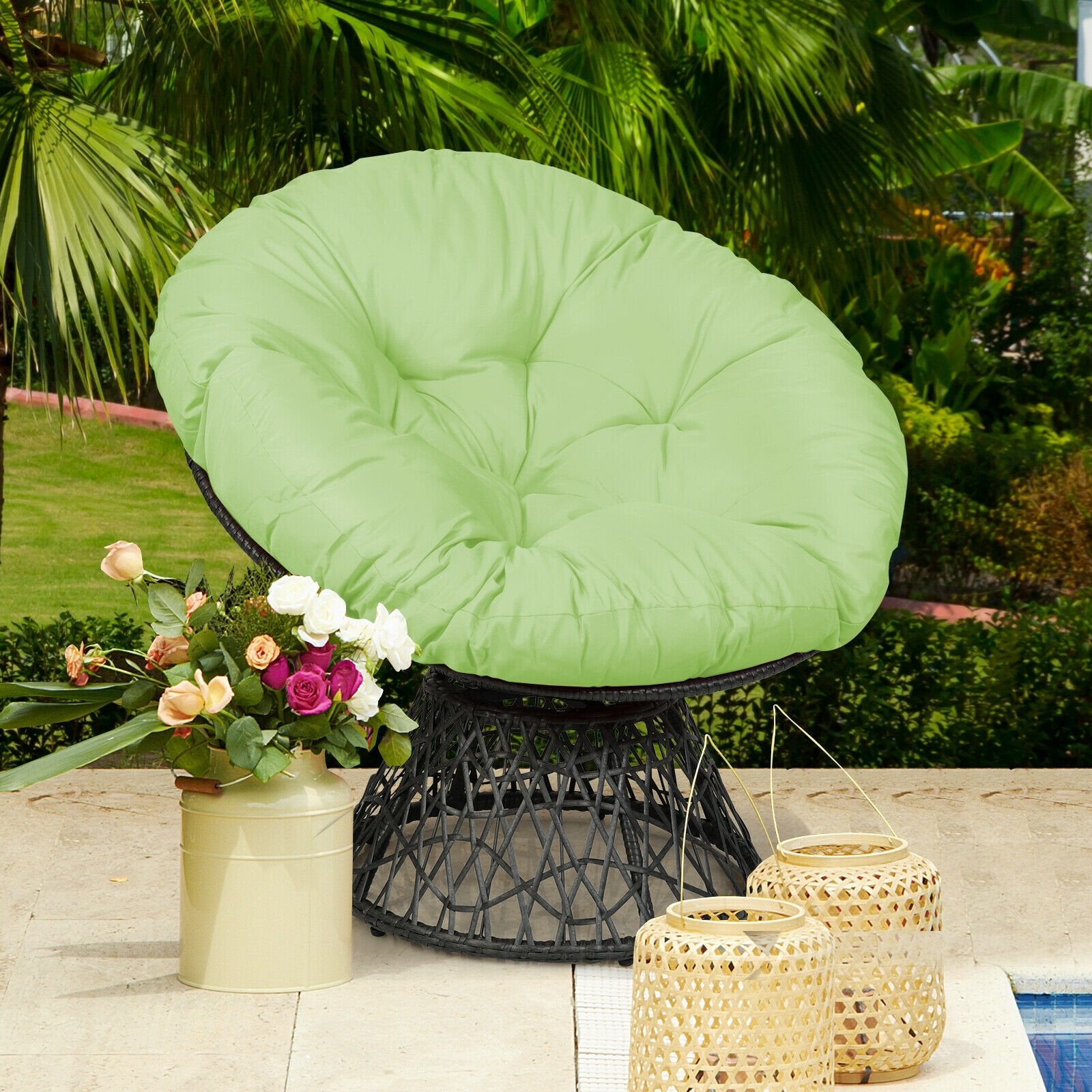 Rattan Papasan Chair Ergonomic 360-degree Swivel Soft Cushion Garden, Green Patio Dining Chairs   at Gallery Canada