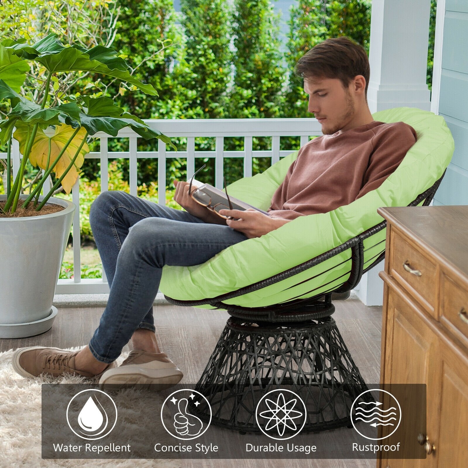 Rattan Papasan Chair Ergonomic 360-degree Swivel Soft Cushion Garden, Green Patio Dining Chairs   at Gallery Canada